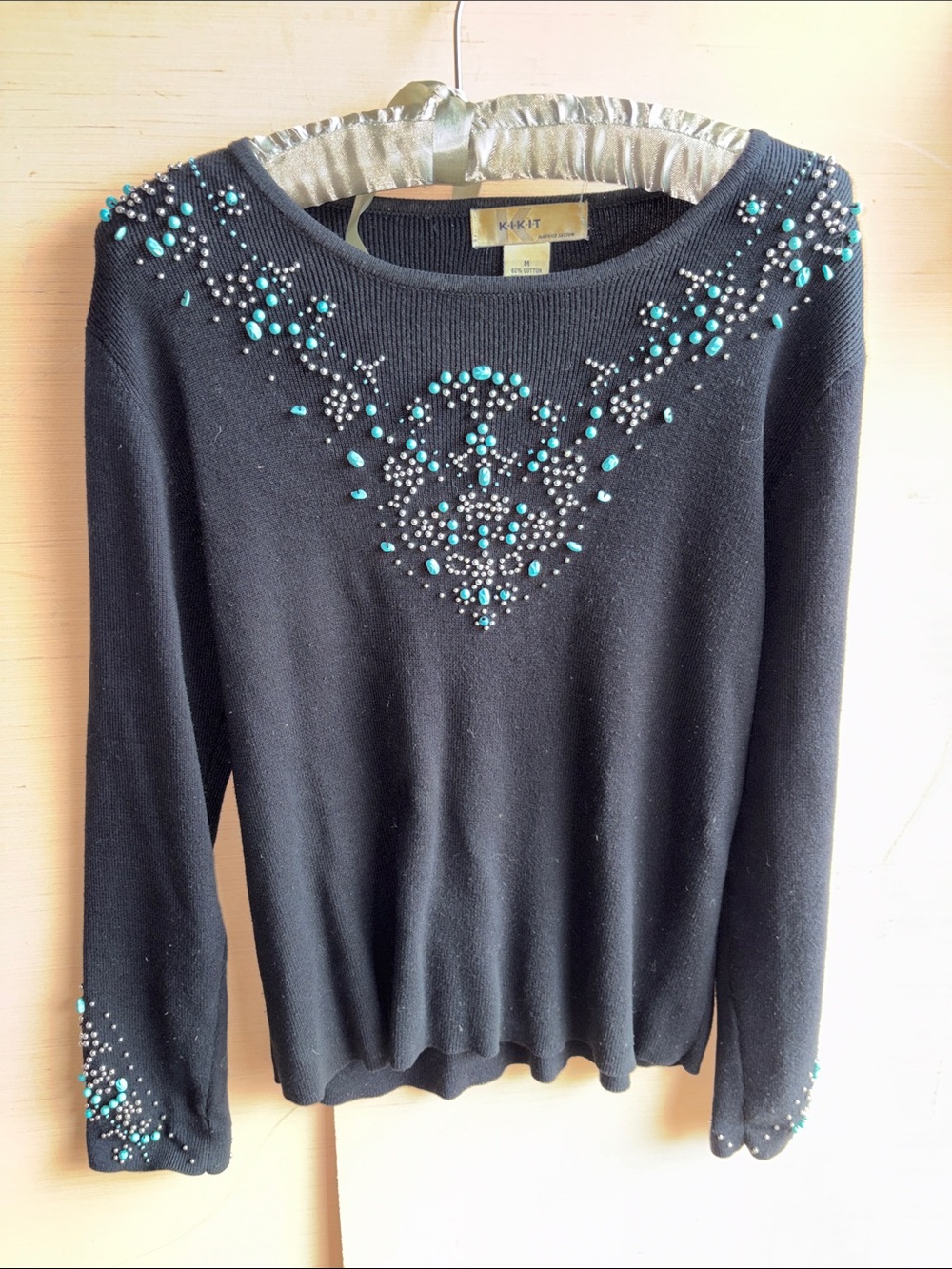 Kikit Black Crewneck Sweater with Teal Bead Embellishment
